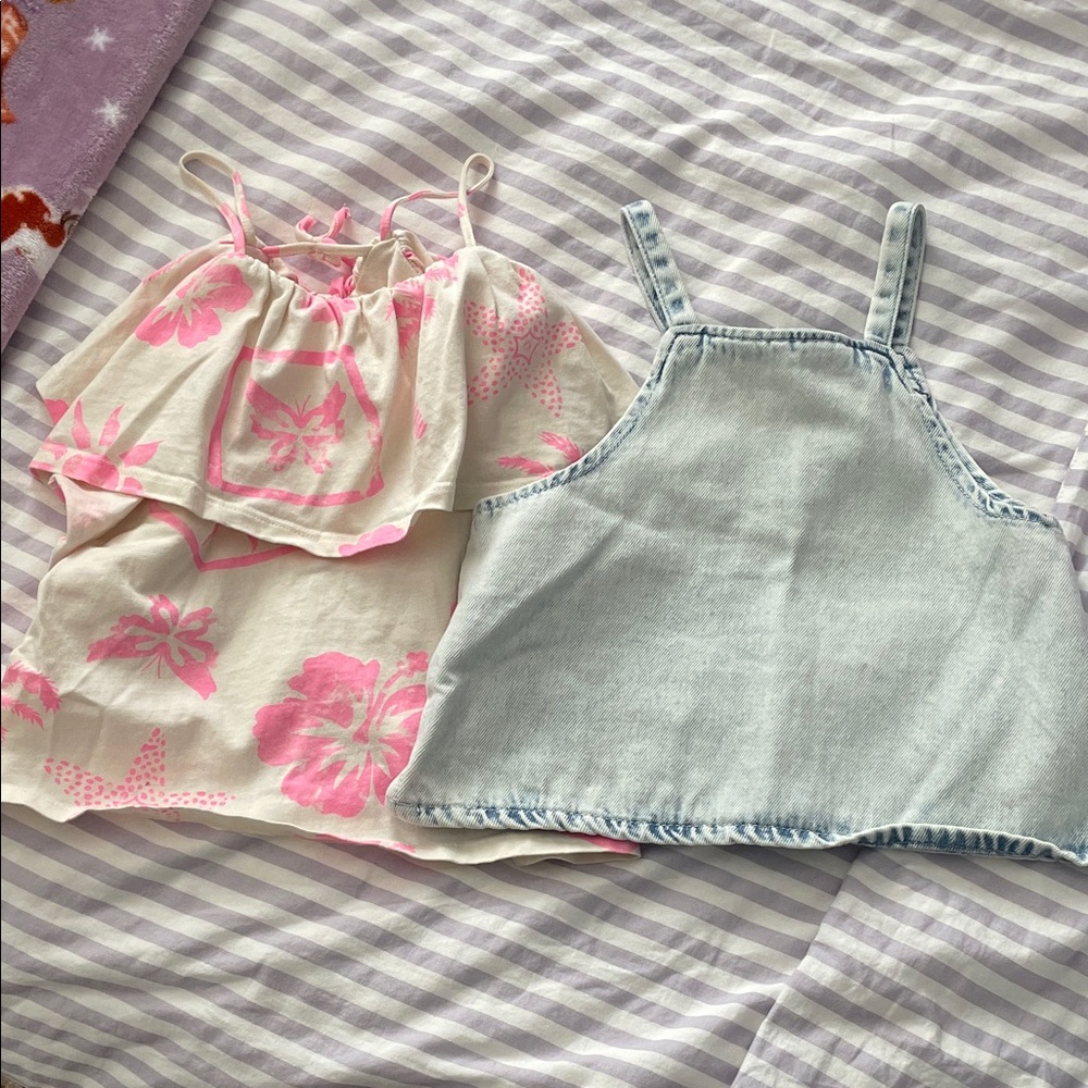 Girls' Pink Floral & Light Blue Denim Tank Tops - Set of 2